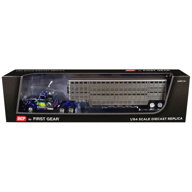 White Western Star 4900 with 36" Vintage Flat Top Sleeper and Wilson 45' Vintage Livestock Trailer Blue with Stripes 1/64 Diecast Model by DCP/First Gear