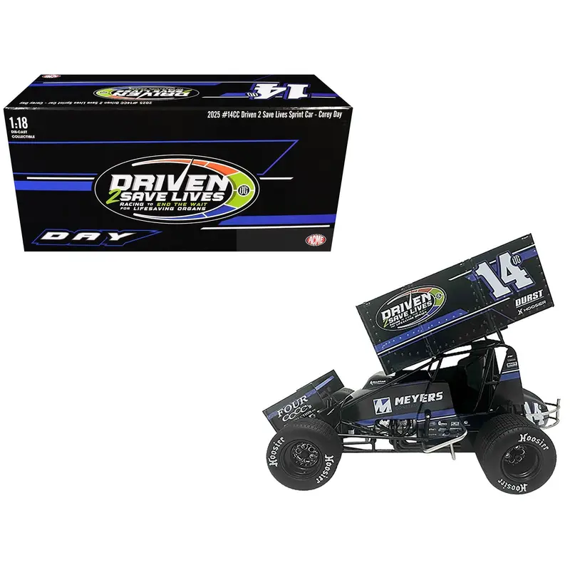 Winged Sprint Car #14CC Corey Day (Blue Version) "Driven 2 Save Lives" Jason Meyers Racing (2025) 1/18 Diecast Model Car by ACME