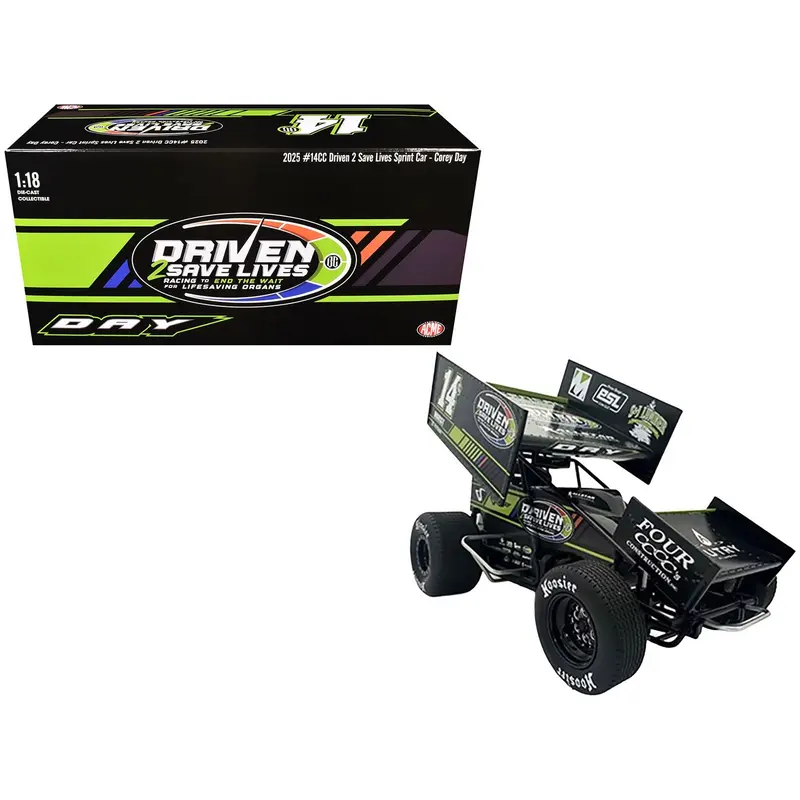 Winged Sprint Car #14CC Corey Day (Green Version) "Driven 2 Save Lives" Jason Meyers Racing (2025) 1/18 Diecast Model Car by ACME