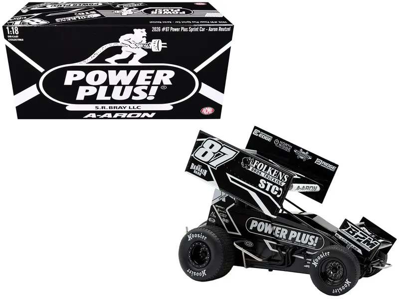 Winged Sprint Car #87 Aaron Reutzel "Power Plus" Black (2026) 1/18 Diecast Model Car by ACME
