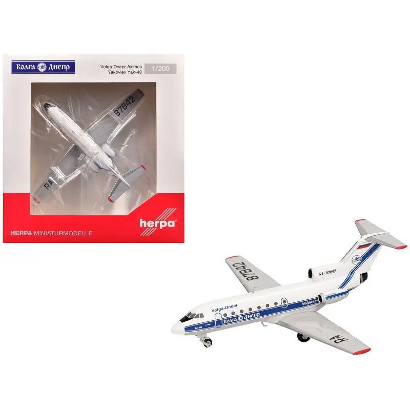 Yakovlev Yak-40 Commercial Aircraft "Volga-Dnepr Airlines" (RA-87842) White with Blue Stripes 1/200 Diecast Model Airplane by Herpa