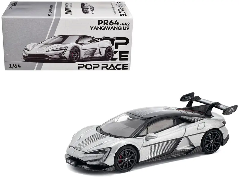 Yangwang U9 Silver Metallic with Black Top and Stripes 1/64 Diecast Model Car by Pop Race